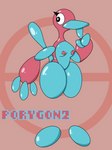 3:4 anthro beak blue_beak blue_body blue_fingers blue_tail female fennicdafox floating generation_2_pokemon hi_res looking_back nintendo nipples pink_body pink_nipples pokemon pokemon_(species) porygon2 red_body red_nipples simple_background simple_face simple_pussy solo tail