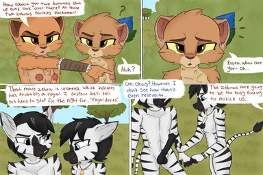 animal_genitalia anthro armor blush blush_lines bracers breasts casual_nudity chest_tuft dialogue equine_genitalia erection female freckled_face freckles genitals jewelry male nature necklace nipples nude nude_anthro nude_female nude_male nudist outside penis savanna text tribal tuft yellow_sclera young lerasmel disney the_lion_guard the_lion_king kiara_(the_lion_king) tiifu_(the_lion_guard) equid equine felid feline lion mammal pantherine zebra comic digital_media_(artwork) english_text hi_res