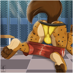 anthro border bottomwear brown_body brown_fur bulge butt clothed clothing fur locker locker_room male presenting presenting_hindquarters shorts solo topless underwear white_border yellow_clothing yellow_underwear aaron_(artist) hyenashorts hyena mammal spotted_hyena 1:1 2013 digital_media_(artwork) hi_res