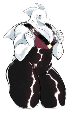 anthro areola areola_slip blush bodily_fluids bottomwear breasts cleavage clothed clothing dorsal_fin female fin fist glistening glistening_clothing head_fin huge_thighs muscular muscular_anthro muscular_female nipples non-mammal_breasts non-mammal_nipples notched_fin simple_background slightly_chubby slightly_chubby_anthro slightly_chubby_female solo standing sweat tail thick_thighs topwear white_background orangekissess aquatic fish shark hi_res