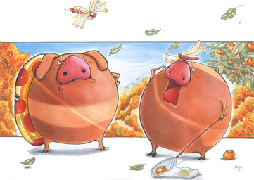 ambiguous_gender angry belly biped chibi detailed_background feral group outside overweight plant tree neginoheya arthropod domestic_pig insect mammal suid suine sus_(pig) 2005 archived_source