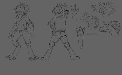 3_fingers 3_toes anthro arm_feathers arm_tuft bodily_fluids bottomwear claws clothing cookie dialogue digitigrade drooling feather_hair feathered_crest feathers feet fingers food furgonomic_bottomwear furgonomic_pants furgonomics head_crest male pants pseudo_hair rolled_up_pants rolled_up_sleeves saliva scarf short_tail solo standing tail tears tears_of_sadness text toe_claws toes tuft benji_(artist) halo_(series) microsoft xbox_game_studios alien avian kig-yar scalie t'vaoan absurd_res english_text hi_res model_sheet monochrome sketch