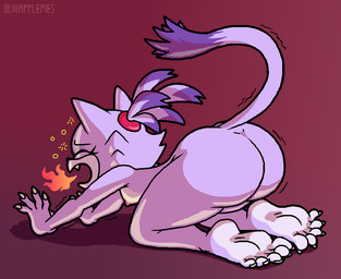 all_fours anthro areola big_butt black_nose bottom_heavy breasts breath_powers butt dipstick_tail elemental_manipulation eyelashes eyes_closed fangs feet female fire fire_breathing fire_manipulation fur markings nipples nude open_mouth pink_areola pink_background pink_nipples purple_body purple_fur simple_background small_breasts solo stretching tail tail_markings teeth thick_thighs white_body white_fur wide_hips yawn napplepies sega sonic_the_hedgehog_(series) blaze_the_cat domestic_cat felid feline felis mammal