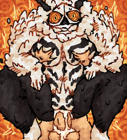 5_fingers anthro antlers balls black_antlers black_legs black_lips black_striped_body bodily_fluids breast_squeeze breasts caucasian cum cum_in_vagina cum_inside cum_on_balls dominant dominant_female duo feathers female fingers flying_sweatdrops fur genital_fluids genitals horn human_penetrating_female humanoid_penetrated larger_female lips male male/female markings motion_lines offscreen_male on_top orange_background orange_eyes orange_sclera penetration ringed_background ringed_eyes simple_background size_difference smaller_male smile squeezing striped_markings stripes sweat sweatdrop thick_thighs twitching vaginal vaginal_penetration white_body white_fur scaliescum agito_(jujutsu_kaisen) human humanoid mammal monster monstrous_humanoid hi_res
