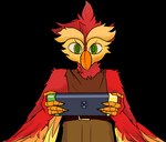 anthro beak belt clothing feathers green_eyes holding_console looking_at_viewer male nintendo_switch_console orange_body orange_feathers red_body red_feathers shirt topwear tunic wings yellow_body yellow_feathers kafuka light_realm light_realm:_artificial_island nintendo nintendo_switch quill_agatha_(light_realm) avian bird owl alpha_channel