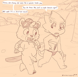 anthro balls beach belly casual_nudity chibi clothing detailed_background duo dwarfism flaccid foreskin genitals hat headgear headwear humanoid_genitalia humanoid_hands humanoid_penis looking_at_genitalia looking_at_penis male outside penis seaside slightly_chubby speedo swimwear text towel nutty_bo animal_crossing nintendo c.j._(animal_crossing) flick_(animal_crossing) beaver lizard mammal reptile rodent scalie 2020 english_text hi_res