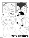 anthro audino clothing comic duo feral generation_5_pokemon hair hat headgear headwear human long_hair male mammal monochrome n_(pokemon) nintendo plant pokemon pokemon_(species) question_mark roundabout_(artist) shrub silhouette sound_effects wristband