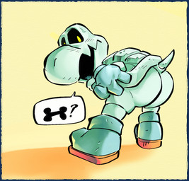 ambiguous_gender anthro bone butt clothing footwear gloves handwear open_mouth presenting presenting_hindquarters shoes skeleton speech_bubble yellow_eyes nondelismell mario_bros nintendo dry_bones reptile scalie turtle hi_res