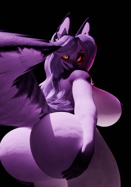 anthro big_breasts big_butt black_nipples breasts butt female fur grey_body grey_fur grey_hair hair hand_on_butt looking_at_viewer nipples smile smirk solo tail white_body white_fur markmurders dogzeela_(modeler) hellaverse helluva_boss mythology loona_(helluva_boss) canid canid_demon canine demon hellhound mammal mythological_canine mythological_creature 3d_(artwork) digital_media_(artwork) hi_res