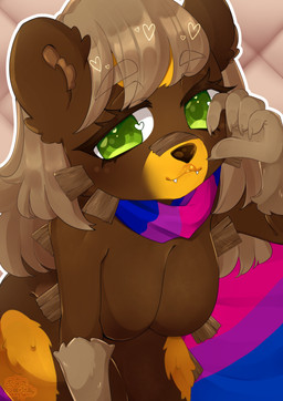 anthro bisexual_pride_colors enpyoon featureless_chest female green_eyes lgbt_pride looking_at_viewer pride_colors solo nintendo pokemon fan_character bear generation_8_pokemon mammal pokemon_(species) ursaluna absurd_res hi_res
