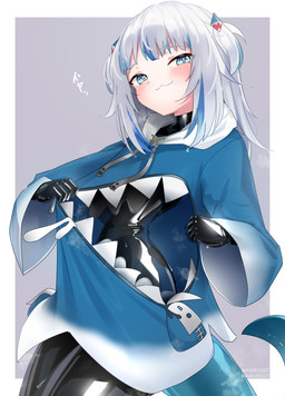 :3 accessory blue_eyes blush blush_lines bodily_fluids clothing clothing_pull dripping_wet eyebrow_through_hair eyebrows female flat_chested glistening glistening_latex glistening_thighs hair hair_accessory hairclip hoodie latex latex_clothing latex_skinsuit light_body light_skin looking_at_viewer musk presenting skinsuit solo steam sweat sweatdrop tail text tight_clothing topwear topwear_pull translucent translucent_hair white_hair maguro27 hololive hololive_en vtuber gawr_gura animal_humanoid aquatic aquatic_humanoid fish fish_humanoid humanoid shark_humanoid absurd_res hi_res japanese_text