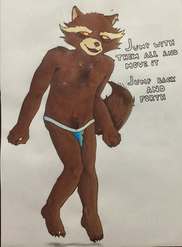 anthro brown_body brown_fur bulge claws clothed clothing dancing detailed_bulge ear_piercing finger_claws fur hair looking_at_viewer male nipples piercing smile solo tail text toe_claws underwear bug_eater guardians_of_the_galaxy marvel rocket_raccoon mammal procyonid raccoon absurd_res english_text hi_res traditional_media_(artwork)