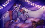 anthro bed bedding blanket book clothed clothing diaper female fur furniture green_eyes hair inside light multicolored_body multicolored_fur night on_bed open_mouth pajamas pillow plushie reading sitting solo wearing_diaper young young_anthro applepup canid canine canis domestic_dog husky mammal nordic_sled_dog spitz 2015 hi_res