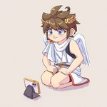 blush brown_hair clothing feathered_wings feathers hair light_body light_skin male not_furry simple_background sitting solo tablet wings azcbcd kid_icarus nintendo pit_(kid_icarus) angel humanoid winged_humanoid 1:1 hi_res