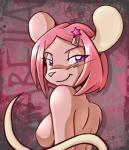 anthro breasts female fur hair looking_at_viewer looking_back nude pink_body pink_fur pink_hair pink_nose purple_eyes side_boob solo tail cherushi isabella_(cheru) mammal mouse murid murine rodent 2008 hi_res