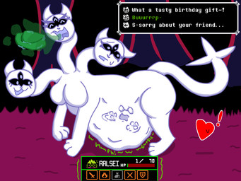 3_heads breasts burp_cloud burping burping_up_clothing burping_up_object busty_feral digestion duo female female_pred feral feral_pred fur male male/female male_prey multi_head text vore white_body white_fur spearv deltarune undertale_(series) clover_(deltarune) ralsei bovid caprine darkner goat mammal soul_(undertale) 4:3 english_text hi_res