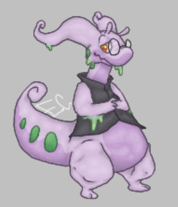 anthro clothing eyewear glasses kal_(kate) male male/male slime solo topwear vest entr0pycoffee nintendo pokemon generation_6_pokemon goodra pokemon_(species) low_res