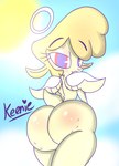 anthro big_butt butt cellulite female fluffy fluffy_tail fur halo looking_at_viewer looking_back nude simple_background smile solo tail thick_thighs wings yellow_body yellow_fur nsfwtheodore helluva_boss keenie_(helluva_boss) angel bovid caprine cherub mammal sheep hi_res