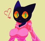 anthro big_breasts black_body blush breasts clothing female green_eyes heart_symbol jacket pink_clothing solo topwear 69blackcat69 olive_(69blackcat69) domestic_cat felid feline felis mammal hi_res