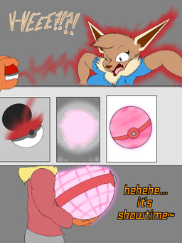anthro big_breasts blue_eyes breasts brown_body brown_eyes brown_fur captured clothed clothing duo female fur hair male male/female open_mouth orange_body orange_fur pokeball simple_background smile tan_body tan_fur text using_pokeball flamberry_(artist) nintendo pokemon elizabeth_venizee franklin_flare canid canine eevee eeveelution flareon generation_1_pokemon mammal pokemon_(species) 3:4 absurd_res digital_drawing_(artwork) digital_media_(artwork) english_text hi_res ibispaint_(artwork)