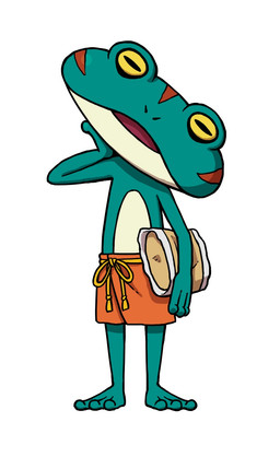 anthro blue_body blue_skin bottomwear clothing male open_mouth orange_bottomwear orange_clothing orange_skirt simple_background skirt solo white_background yellow_eyes unknown_artist level-5 yo-kai_watch cricky_(yo-kai_watch) amphibian frog full-length_portrait hi_res official_art portrait
