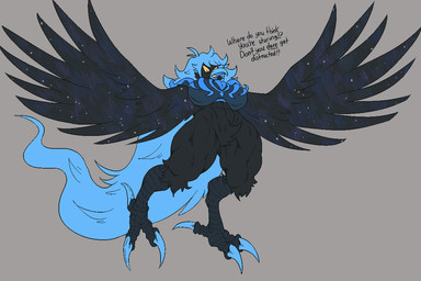abs anthro anthro_pred armor athletic athletic_anthro athletic_female beak biceps big_breasts black_body blue_beak blue_body blue_feathers blue_hair bottomless breasts clothed clothing covering covering_breasts dialogue feathered_wings feathers feet female female_pred fingers flying hair huge_breasts long_hair looking_at_viewer muscular muscular_anthro muscular_female nude open_mouth simple_background solo space spread_wings talons text thick_thighs toes topwear winged_arms wings yellow_eyes signirsol undertale_yellow martlet_(zenith_form) avian bird 2024 3:2 aliasing digital_media_(artwork) english_text