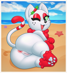 anus beach big_butt border butt female female_feral feral genitals holidays looking_at_viewer looking_back lying on_side one_eye_closed open_mouth open_smile quadruped raised_tail seaside smile solo tail vulva white_border wink acstlu christmas junipurr elemental_creature felid feline mammal 2020 digital_media_(artwork) hi_res