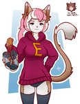 after_sex anthro athletic athletic_anthro athletic_female big_breasts big_ears blue_eyes breasts brown_body brown_fur clothing female fluffy fluffy_tail footwear fur hair hand_on_hip heart_nose heart_symbol hoodie legwear light_up_shoes medium_breasts panties pink_hair sassy shoes simple_background smile smug solo tail thigh_highs topwear underwear white_body white_fur white_hair wide_hips catlad felid feline leopardus mammal ocelot amy_(disambiguation) hi_res