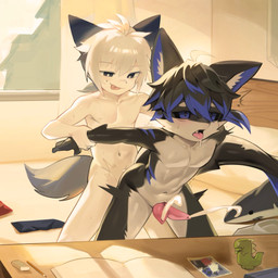 2_penises ahoge anthro anthro_on_anthro anthro_penetrated anthro_penetrating anthro_penetrating_anthro bent_over blush bodily_fluids cum cumshot drooling duo ejaculation from_behind_position genital_fluids genitals hair hands-free kemono male male/male male_penetrated male_penetrating male_penetrating_male multi_genitalia multi_penis navel nude open_mouth penetration penis saliva sex sweat tail tail_aside tongue tongue_out young young_on_young kokoball2023 aquatic canid canine canis domestic_dog fish mammal shark colored digital_drawing_(artwork) digital_media_(artwork) hi_res shaded