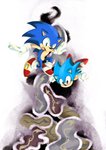 anthro black_eyes blue_body blue_fur clock clothing duo falling footwear fur gloves green_eyes handwear male open_mouth shoes simple_background square_crossover white_background mennnntaiko classic_sonic_(universe) sega sonic_the_hedgehog_(series) the_persistence_of_memory classic_sonic sonic_the_hedgehog eulipotyphlan hedgehog mammal 2019 hi_res