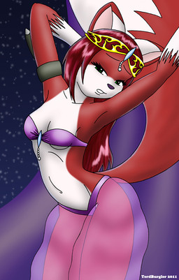 anthro breasts clothed clothing crown dagger dipstick_tail female fur gem green_eyes hair harem harem_outfit headgear markings melee_weapon night pearl_(gem) red_body red_fur red_hair skimpy sky solo star starry_sky tail tail_markings tiara weapon terdburgler linda_wright canid canine felid fox hybrid mammal