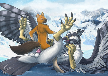 anthro anthro_on_anthro anthro_penetrated anthro_penetrating anthro_penetrating_anthro balls beak black_claws blue_sky brown_eyes brown_tail claws cowgirl_position duo feathered_wings feathers from_front_position fur genitals grey_beak grey_body grey_feathers knot lying male male/male male_penetrated male_penetrating male_penetrating_male mountain nude on_back on_bottom on_top open_mouth orange_body orange_eyes orange_fur outside_sex penetration penis pink_penis pink_tongue sex size_difference sky snow snowing tail tail_feathers toe_claws tongue white_balls white_body white_feathers wings hufnaar mythology avian gryphon mythological_avian mythological_creature species_request absurd_res hi_res