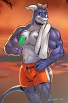 anthro brown_hair clothing food green_eyes hair horn looking_at_viewer male muscular muscular_male popsicle shirtless_male solo swimming_trunks swimwear tail towel scrappyvamp mythology kuro_rex dragon mythological_creature mythological_scalie scalie 2023 hi_res