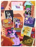 annoyed book bookshelf border breath brush clothing female feral furniture hat headgear headwear horn inside library magic paintbrush panting sitting solo white_border window janeesper friendship_is_magic hasbro my_little_pony mythology the_starry_night smartypants_(mlp) spike_(mlp) twilight_sparkle_(mlp) equid equine mammal mythological_creature mythological_equine unicorn 2012 inspired_by_formal_art signature