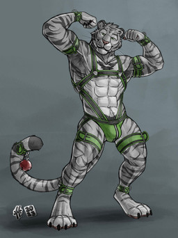abs accessory anthro armpit_hair bell black_harness body_hair bulge clothed clothing ear_piercing ear_stud eyebrow_piercing facial_piercing flexing_muscles front_view furgonomics glistening glistening_eyes green_clothing green_eyes green_harness green_jockstrap green_underwear harness head_tuft jockstrap looking_at_viewer male male_anthro muscular muscular_anthro muscular_male narrowed_eyes navel pecs piercing pose smile solo standing tail tail_accessory tail_bell topless tuft underwear whiskers hufnaar ulbrek felid mammal pantherine tiger 2023 dated full-length_portrait hi_res partially_colored portrait