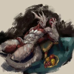 anthro erection food fruit looking_at_viewer lying male on_back pillow plant solo vekyn baldur's_gate baldur's_gate_3 dungeons_and_dragons hasbro larian_studios wizards_of_the_coast the_dark_urge_(baldur's_gate) dragonborn_(dnd) scalie absurd_res hi_res tagme