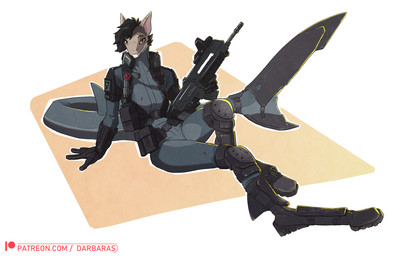accessory anthro assault_rifle belt biped black_hair blood blood_splatter bodily_fluids clothed clothing crossgender digitigrade electronics female fin fingers flashlight footwear furgonomic_footwear furgonomics gloves gun hair handwear headgear headphones headset holding_gun holding_object holding_ranged_weapon holding_weapon knee_pads looking_at_viewer lying_on_ground on_ground patch_(fabric) pouch_(clothing) ranged_weapon rifle shoulder_guards shoulder_strap simple_background solo straps tail tail_accessory topwear undercut weapon darbaras discardingsabot sabine_straiter sabot_sauer aquatic fish requiem_shark scalie shark tiger_shark colored digital_media_(artwork) hi_res shaded