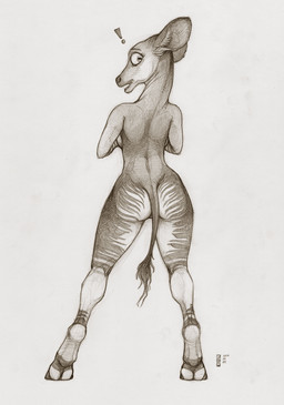anthro bare_back biped breasts butt exclamation_point female hooves nude side_boob simple_background solo standing stripes white_background ecmajor giraffid mammal okapi 2017 hi_res traditional_media_(artwork)