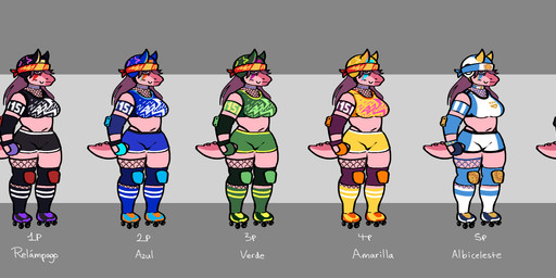 accessory anthro argentina argentina_flag armband armor bodypaint bra clothing face_paint female fishnet_clothing footwear headband headgear helmet knee_pads navel roller_derby roller_skates solo sport sports_bra sportswear thick_thighs underwear wide_hips buffysaintfury cavemanon_studios goodbye_volcano_high ko_op_(game_developer) snoot_game stacy_(gvh) allosauroid carcharodontosaurid dinosaur giganotosaurus prehistoric_species reptile saurischian scalie theropod 2026 digital_media_(artwork) hi_res model_sheet