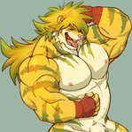 5_fingers anthro blush crotch_tuft eyes_closed fingers fur hair hand_wraps male muscular muscular_anthro muscular_male nipples nude open_mouth open_smile pecs pink_nipples pink_nose simple_background smile solo striped_body striped_fur stripes teeth tongue tongue_out tuft wraps istani lifewonders tokyo_afterschool_summoners macan_(tas) felid mammal pantherine tiger hi_res