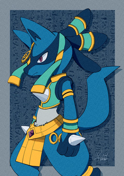 3_fingers ambiguous_gender anthro blue_arms blue_body blue_ears blue_tail bottomwear clothed clothing egyptian egyptian_clothing fingers fur green_clothing holowear_(pokemon) loincloth tail yellow_bottomwear yellow_clothing yellow_loincloth koke0u0 nintendo pokemon pokemon_unite ruins_style_lucario generation_4_pokemon lucario pokemon_(species) 2022 hi_res