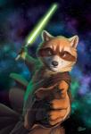 anthro black_nose brown_body brown_clothing brown_eyes brown_fur brown_robe claws clothed clothing cosmic_background fighting_pose foreshortening fur green_lightsaber holding_object holding_weapon jedi jedi_tunic lightsaber looking_at_viewer male melee_weapon pose reaching_towards_viewer robe shirt sky smile solo star starry_sky topwear tunic weapon whiskers goldendruid star_wars mammal procyonid raccoon 2018