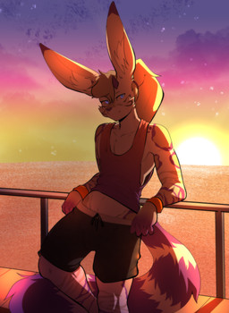 anthro biped clothed clothing hair inner_ear_fluff male solo sun tail tuft munkeesgomu felid hybrid lagomorph leporid mammal pantherine rabbit snow_leopard hi_res