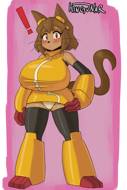 anthro big_breasts black_clothing blush breasts brown_eyebrows brown_hair brown_tail butt butt_from_the_front clothing exclamation_point eyebrows female female_anthro fingers hair looking_at_viewer purple_eyes solo tail whiskers white_clothing yellow_clothing kingjnar gameoverse glitch_productions kit_bodega domestic_cat felid feline felis mammal 2026 hi_res