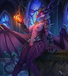 anthro areola armor bodily_fluids breasts female genital_fluids genitals glowing glowing_eyes horn looking_at_viewer magic magic_user nipples non-mammal_breasts purple_body purple_eyes pussy solo tail wings saltamor blizzard_entertainment european_mythology mythology warcraft dracthyr dragon mythological_creature mythological_scalie scalie western_dragon hi_res watermark