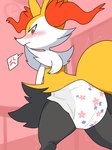 ambiguous_gender anthro blush bodily_fluids clean_diaper clothed clothing cross-popping_vein diaper embarrassed looking_at_viewer shaking shaky_legs solo standing tears trembling upskirt wearing_diaper milklemon5127 nintendo pokemon braixen generation_6_pokemon pokemon_(species) 3:4 hi_res