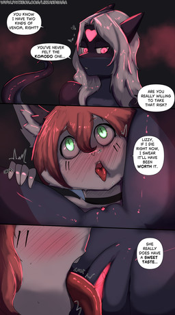 anthro blush blush_lines cunnilingus duo female female/female genitals glowing glowing_eyes glowing_genitalia hair makeup mascara oral sex size_difference smoke speech_bubble vaginal white_hair lizzard_sama emily_(lizzard_sama) canid canine fox komodo_dragon lizard mammal monitor_lizard reptile scalie absurd_res comic hi_res