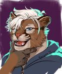 anthro clothed clothing fangs hair looking_at_viewer male open_mouth simple_background solo teeth tongue white_hair fonyaa cougar felid feline mammal