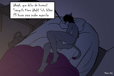 anthro backsack balls bedding bedroom black_hair butt clenched_teeth countershading dark detailed_background feet genitals grey_body hair male nude solo teeth text white_balls kimero_kat no_nut_november kimero_(kimero_kat) domestic_cat felid feline felis mammal 3:2 hi_res meme spanish_text translated translated_description