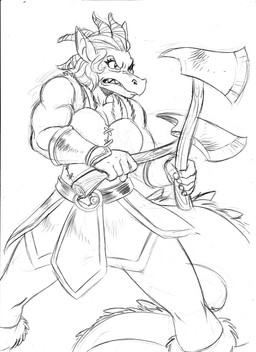 angry anthro armor axe bottomwear bracers clenched_teeth clothing dual_wielding female holding_object holding_weapon horn muscular muscular_female sharp_teeth skirt solo teeth weapon chochi scalie 2024 black_and_white graphite_(artwork) hi_res monochrome sketch traditional_media_(artwork)